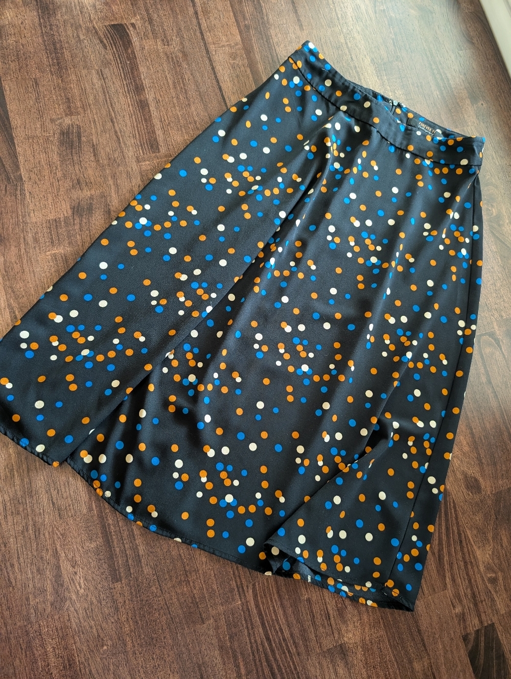 Forever 21 Black Midi Skirt with Blue, Orange & White Polka Dots